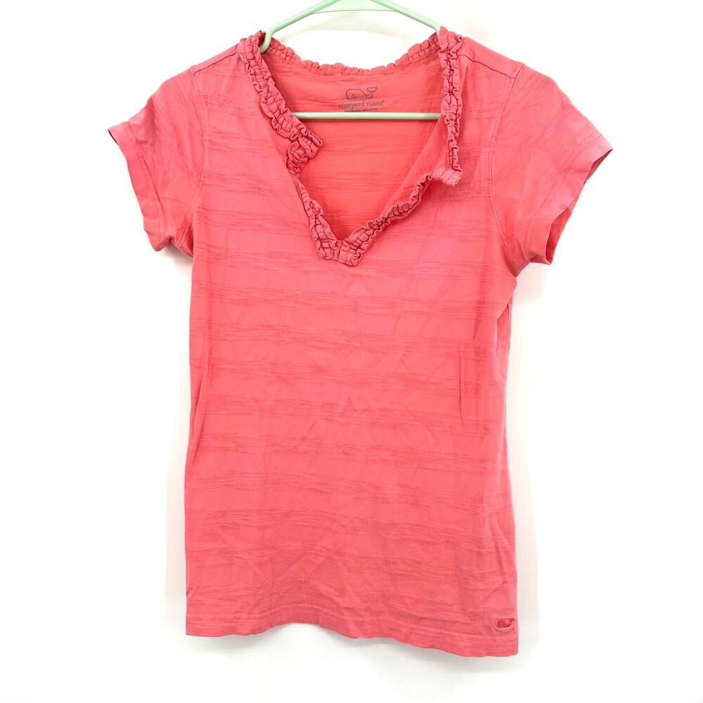 Vineyard‎ Vines Size XS Shirt Pink V Neck Tee Ruffle Collar Preppy Casual Golfer